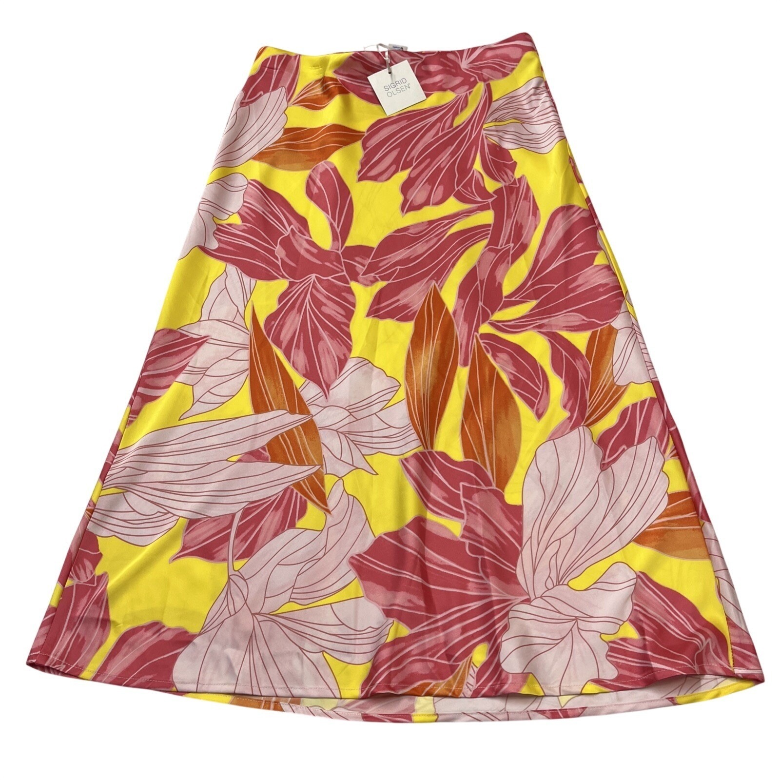 Sigrid Olsen Skirt Pink Yellow Floral Satin Maxi Size S Tropical Resort Beach